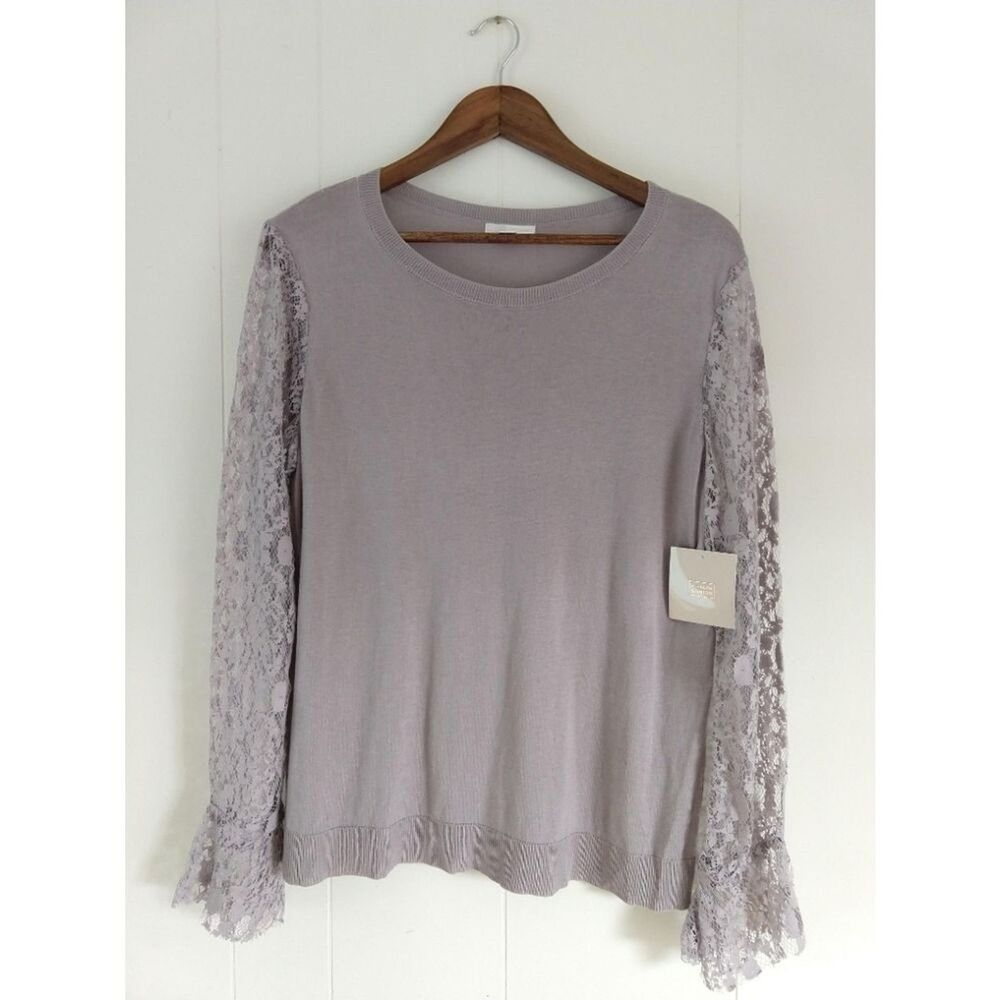 14th & Union Lace Long Sleeve Sweater Top - Soft Gray - NWT - Large